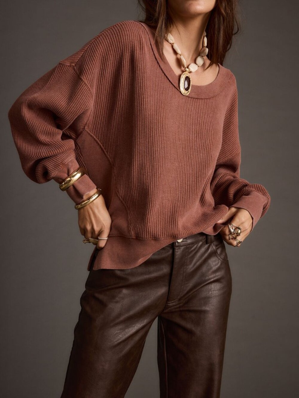 12th Tribe Not Your Ex's Rust Waffle Knit Top Size SS